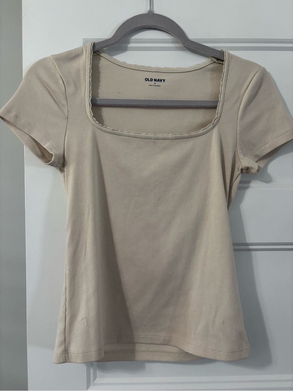 Old Navy Beige Square Neck Ribbed Short Sleeve Tee